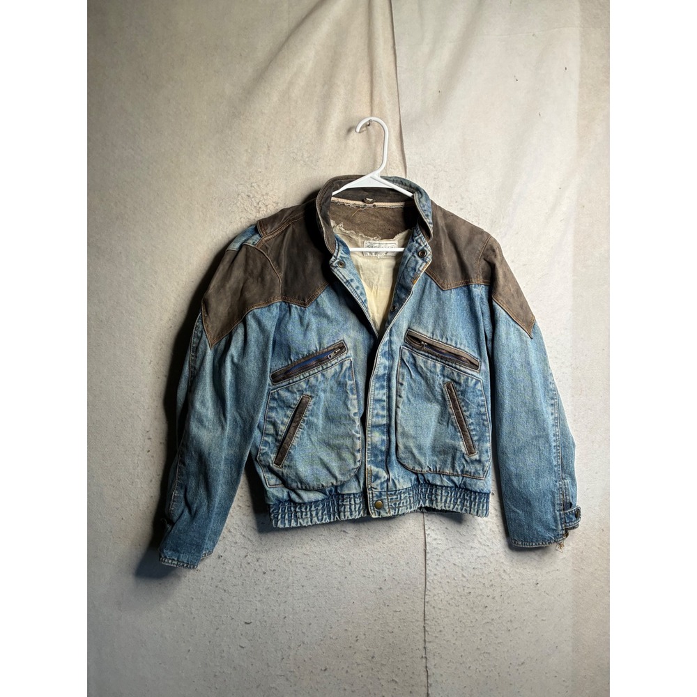 Vintage Saddlery Denim Leather Western Bomber Jacket Mens Medium Blue Brown 8931